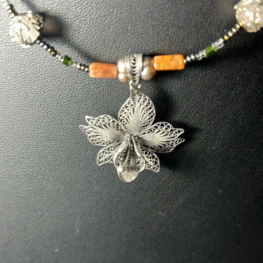Sterling Silver Floral Pendant Necklace with Green and Orange Beads